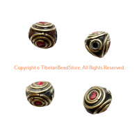 4 BEADS - Handmade Ethnic Tibetan Beads with Brass & Coral Inlays - B3420A-4