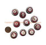 4 BEADS - Handmade Ethnic Tibetan Shell Beads with Turquoise & Coral Inlays - Reversible Disc Beads - B3412C-4