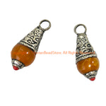 2 Pendants - Tibetan Amber Color Resin Charm Pendants with Repousse Tibetan Silver Floral Caps & Bead Accent - WM6515H-2