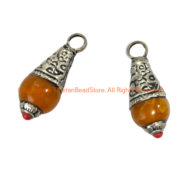 2 Pendants - Tibetan Amber Color Resin Charm Pendants with Repousse Tibetan Silver Floral Caps & Bead Accent - WM6515H-2