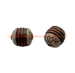 2 BEADS - Handmade Tibetan Carved Wood Beads with Repousse Floral Tibetan Silver Caps - B3411-2