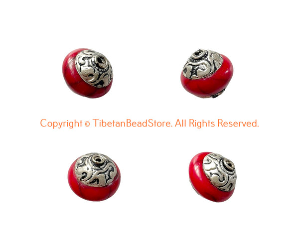 4 BEADS - Handmade Ethnic Tibetan Red Crackle Resin Beads with Repousse Floral Tibetan Silver Caps - B3418-4