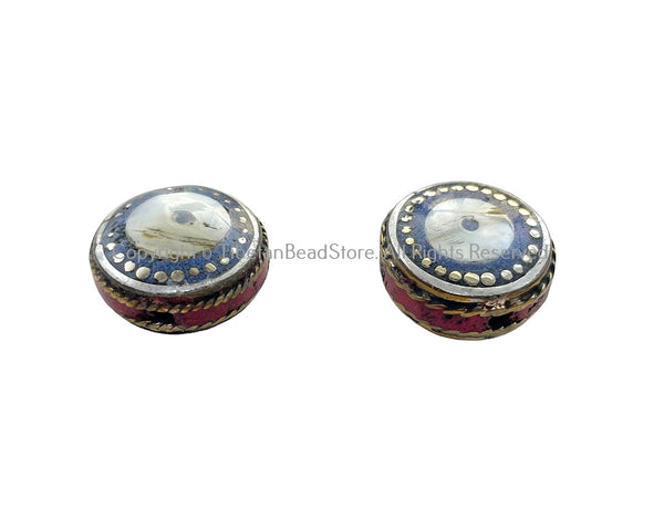 2 BEADS - Handmade Ethnic Tibetan Shell Beads with Lapis & Coral Inlays - Reversible Disc Beads - B3412A-2