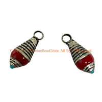 Tibetan Red Coral Resin Charm Pendant with Tibetan Silver Caps & Blue Bead Accent - WM6515A-1