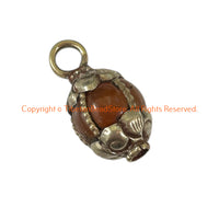 Ethnic Tibetan Old Carnelian Melon-Shaped Charm Pendant with Wire Inlay & Repousse Floral Caps - WM7473A