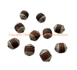 10 BEADS - Handmade Tibetan Carved Wood Beads with Repousse Floral Tibetan Silver Caps - B3411-10