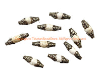 2 BEADS - Tibetan Ethnic Naga Conch Beads with Repousse Hand Carved Floral Detail Tibetan Silver Caps - B3241-2