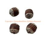 4 BEADS - Handmade Tibetan Carved Wood Beads with Repousse Floral Tibetan Silver Caps - B3411-4