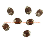 2 BEADS - Handmade Tibetan Carved Wood Beads with Repousse Floral Tibetan Silver Caps - B3411B-2