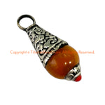 Tibetan Amber Color Resin Charm Pendant with Repousse Tibetan Silver Floral Caps & Bead Accent - WM6515H-1