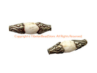 2 BEADS - Tibetan Ethnic Naga Conch Beads with Repousse Hand Carved Floral Detail Tibetan Silver Caps - B3241-2