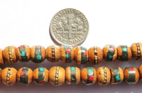 Tibetan Prayer Beads - 8mm 108 Beads Wooden Mala Prayer Beads with Turquoise, Coral, Brass & Copper Inlays - PB15S