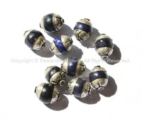 2 beads - Small Lapis Tibetan Beads with Repousse Sterling Silver Caps - Handmade Tibetan Beads - B988-2