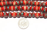 20 BEADS 8mm Red Bone Inlaid Tibetan Beads with Turquoise & Coral Inlays - Ethnic Nepal Tibetan Bone Beads - Mala Supplies- LPB13S-20