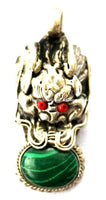 2 PENDANTS - Tibetan Dragon Pendants with Malachite & Coral Inlay - WM292-2