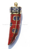 Long Tibetan Coral, Lapis & Brass Horn Tusk Pendant with Brass Cap - Ethnic Tribal Boho Tibetan Horn Pendant - WM5007