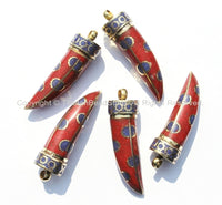 Long Tibetan Coral, Lapis & Brass Horn Tusk Pendant with Brass Cap - Ethnic Tribal Boho Tibetan Horn Pendant - WM5007