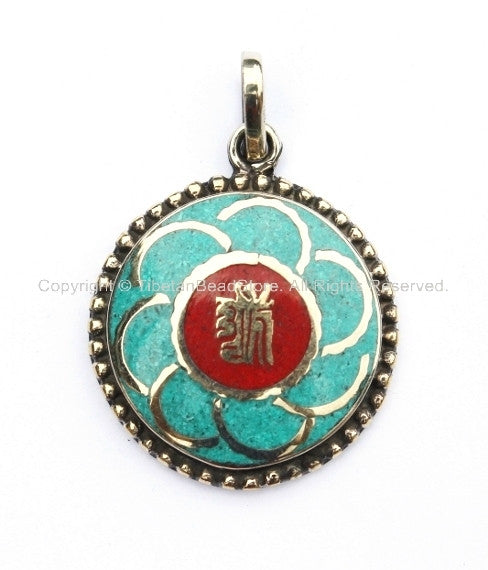 Kalachakra Floral Tibetan Pendant with Brass, Turquoise, Coral Inlays - Yoga Jewelry - Buddhist - Om Aum Ohm - Ethnic Nepal Tibetan - WM2392