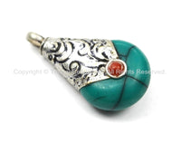 2 Pendants Small Ethnic Tibetan Turquoise Green Resin Drop Amulet Charm Pendant with Repousse Tibetan Silver Caps, Coral Accent-  WM5680T-2