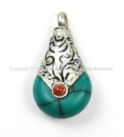 2 Pendants Small Ethnic Tibetan Turquoise Green Resin Drop Amulet Charm Pendant with Repousse Tibetan Silver Caps, Coral Accent-  WM5680T-2