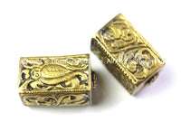 2 BEADS - Repousse Carved Brass Rectangular Box-Shaped Tibetan Beads with Bug Beetle & Floral Details - Handmade Tibetan Beads - B2440