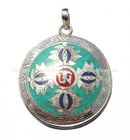 92.5 Sterling Silver Tibetan OM Mantra & Double Vajra Pendant with Turquoise, Coral, Lapis Inlays - Handcrafted Tibetan Jewelry - SS130