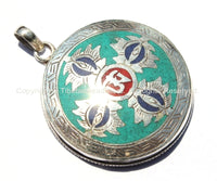 92.5 Sterling Silver Tibetan OM Mantra & Double Vajra Pendant with Turquoise, Coral, Lapis Inlays - Handcrafted Tibetan Jewelry - SS130