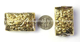 Tibetan Bead - Tibetan Brass Rectangle Box Shaped Focal Bead with Repousse Carved Lotus Floral Details - 1 Bead - Unique Ethnic Bead - B2419