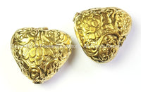 2 BEADS - Big Tibetan Beads - Repousse Carved Brass Lotus Floral Heart-Shape Pendant Tibetan Beads - Artisan Handmade Tibetan Beads- B2398-2