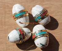 1 BEAD Large Thick Oval Ethnic Tibetan Naga Conch Shell Bead with Brass Rings, Turquoise & Coral Inlays - Naga Conch Shell Beads - B1894B-1