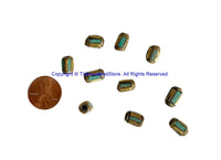 2 BEADS Tibetan Turquoise, Brass Inlay Barrel Beads - Tibetan Beads Tribal Beads - 7mm x 11mm - Barrel Tube Cylinder Beads - B3481-2