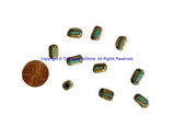 2 BEADS Tibetan Turquoise, Brass Inlay Barrel Beads - Tibetan Beads Tribal Beads - 7mm x 11mm - Barrel Tube Cylinder Beads - B3481-2