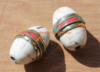 1 BEAD Large Thick Oval Ethnic Tibetan Naga Conch Shell Bead with Brass Rings, Turquoise & Coral Inlays - Naga Conch Shell Beads - B1894B-1