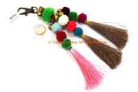 Luxury Pom Pom Tassels - Handmade Multi-colored Pom Pom Long Silk Tassels with Spring Clip - Boho Long Tassels - Bag Tassels - BK26T