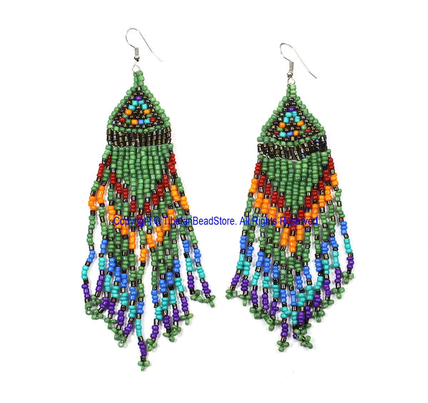 Ethnic Beaded Fringe Tassel Earrings with Multi-colored Beads - Beadwork Earrings - Handmade Jewelry - E20