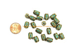 4 BEADS Tibetan Turquoise, Brass Inlay Barrel Beads - Tibetan Beads Tribal Beads - 7mm x 11mm - Barrel Tube Cylinder Beads - B3469-4