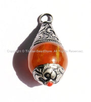 2 PENDANTS - Tibetan Amber Resin Drop Pendants with Tibetan Silver Caps - Handmade Tribal Ethnic Tibetan Pendant - WM2836-2