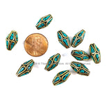 2 BEADS Tibetan Bicone Beads with Brass & Turquoise Inlays by TibetanBeadStore - Turquoise Beads Brass Inlay Beads Nepal Beads B3498-2