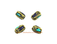 4 BEADS Tibetan Lapis, Turquoise, Brass Inlay Tube Beads - Tibetan Beads Tribal Beads - 8mm x 12mm Handmade Tube Inlay Beads - B3455-4