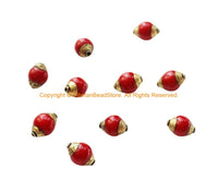 4 BEADS - Tibetan Red Coral Resin Beads with Brass Caps - Nepal Tibetan Beads Pendants Jewelry - TibetanBeadStore - B3523-4