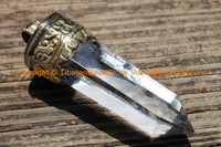LARGE Himalayan Tibetan Luxe Crystal Quartz Point Pendant with Carved Lotus Floral Tibetan Brass Cap 3"x1" Tibetan Crystal Pendant - WM6211