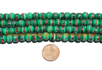 20 BEADS 8mm Tibetan Green Color Bone Beads with Turquoise, Coral & Metal Inlays - Ethnic Nepal Tibetan Green Bone Beads - LPB148S-20