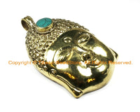 LARGE Buddha Head Tibetan Brass Pendant with Turquoise Accent, Repousse Floral Details - 59mm x 98mm OOAK Statement Tibetan Pendant - WM6361
