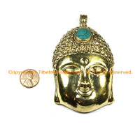 LARGE Buddha Head Tibetan Brass Pendant with Turquoise Accent, Repousse Floral Details - 59mm x 98mm OOAK Statement Tibetan Pendant - WM6361