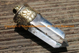 AS IS Himalayan Tibetan Luxe Crystal Quartz Point Pendant with Carved Tibetan Brass Cap - Tibetan Crystal Pendant Tibetan Jewelry WM6215