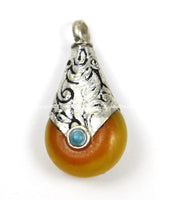 Small Ethnic Tibetan Yellow Honey Amber Resin Drop Amulet Charm Pendant with Repousse Tibetan Silver Caps, Blue Bead Accent - WM5680A-1