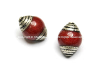 2 BEADS - Ethnic Tibetan Red Jade Beads with Tibetan Silver Caps - TibetanBeadStore Ethnic Nepal Tibetan Artisan Handmade Beads - B1818-2