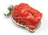 OOAK Tibetan Red Buddha Head Pendant with Repousse Lotus Flower Details, Turquoise Bead Accent- Buddha- Tibetan Buddha Head Pendant - WM5729